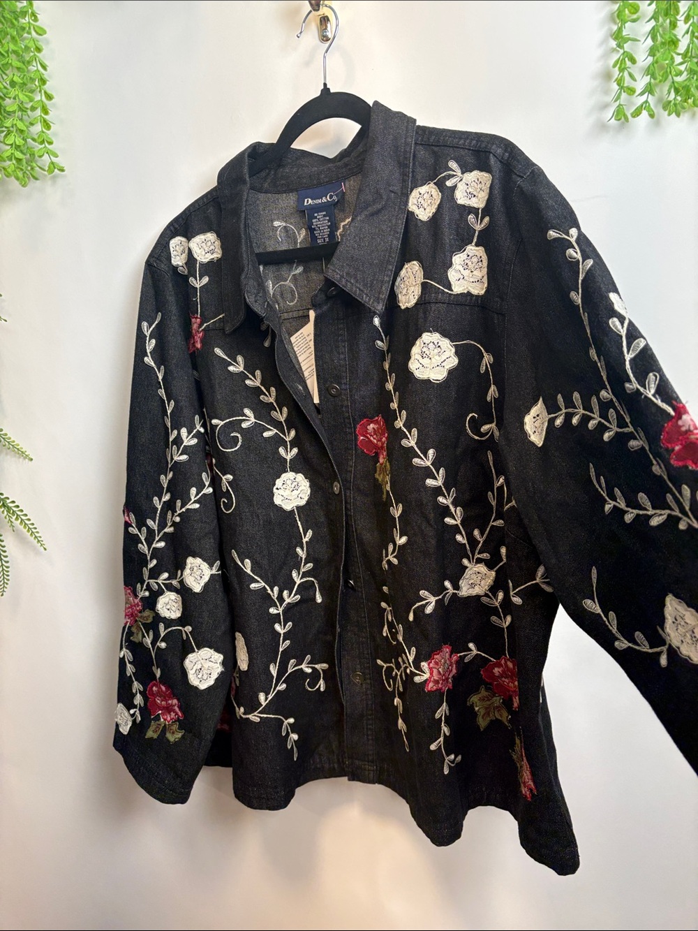 Denim&Co Black Denim Jacket with White & Red Floral Embroidery
